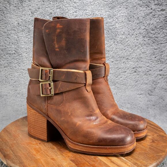 Korks Meehan Mid Shaft Brown Leather Distressed Block Heel Buckle Zip 9 M - Picture 1 of 8